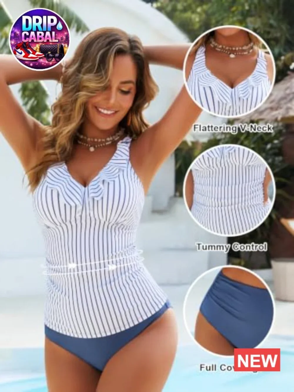 Tummy Control Tankini Set Ruffle Tank Top High Waisted Bottom Striped